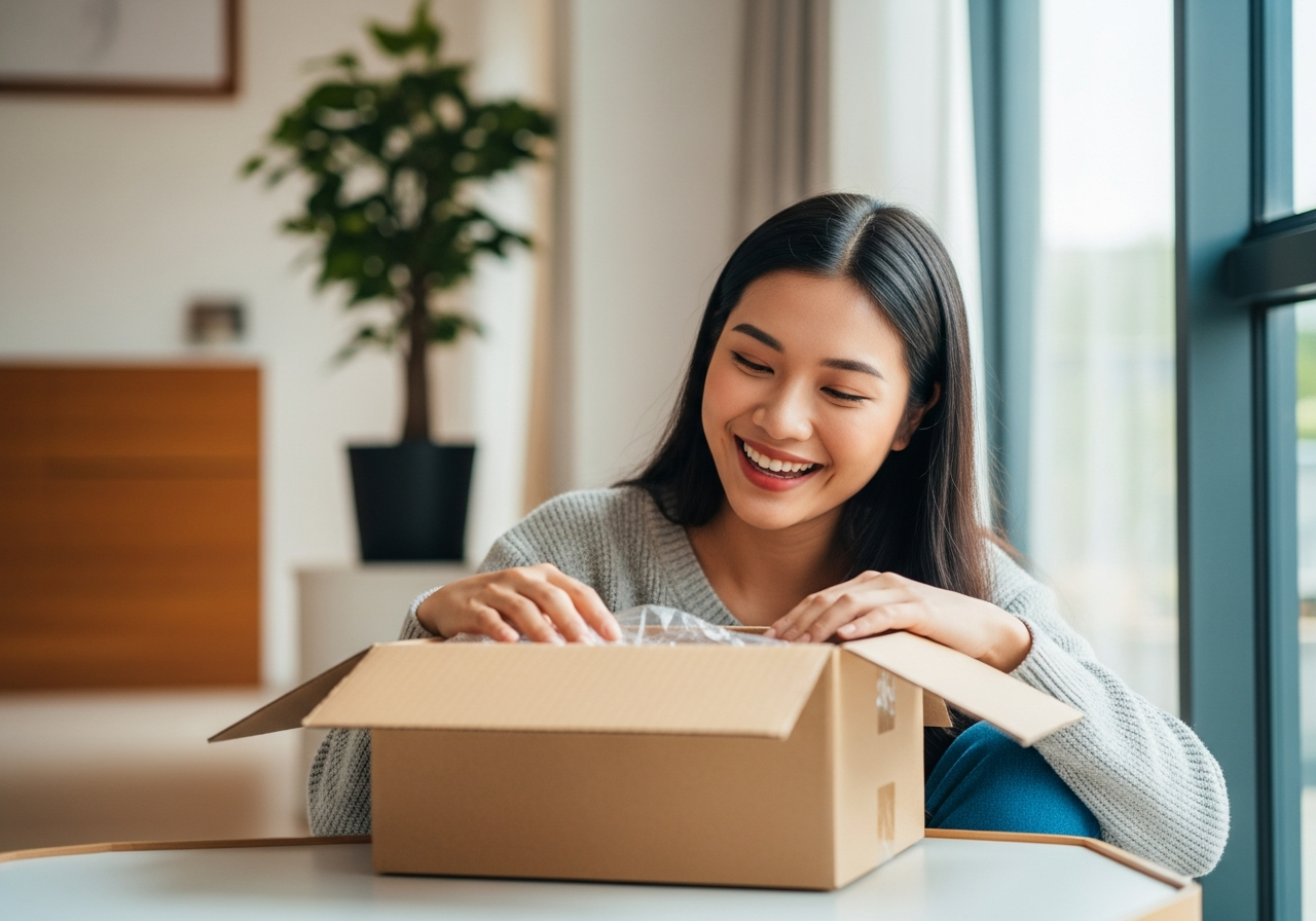 Happy customer unboxing a MyReship parcel